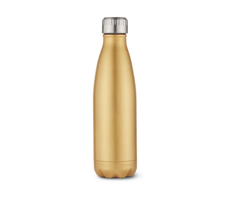 Goldene Isolier-Trinkflasche mit silberfarbenem Deckel.