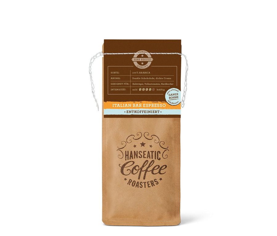 Braune Hanseatic Italian Bar Espresso Kaffeeverpackung, ganze Bohne, entkoffeiniert, mit Produktinfos und Logo.