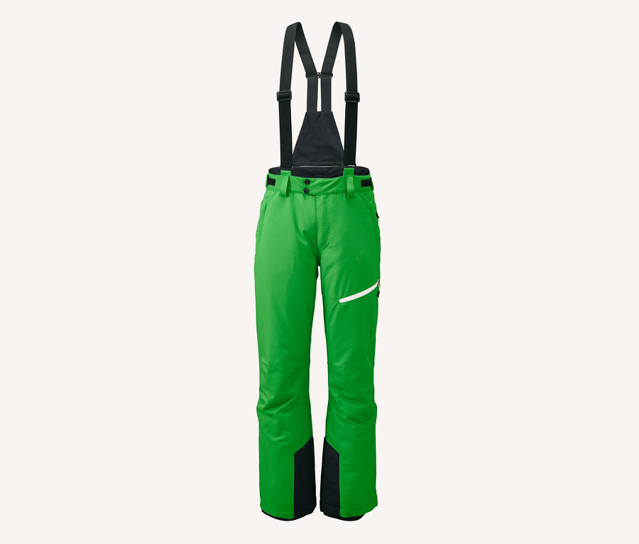 Grüne Skihose mit schwarzen Trägern.