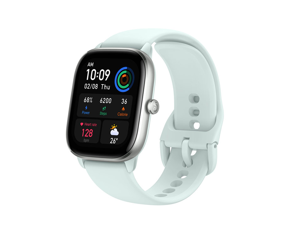 Eine Amazfit GTS 4 Mini-Smartwatch in Mint Blue zeigt die Uhrzeit 10:09.