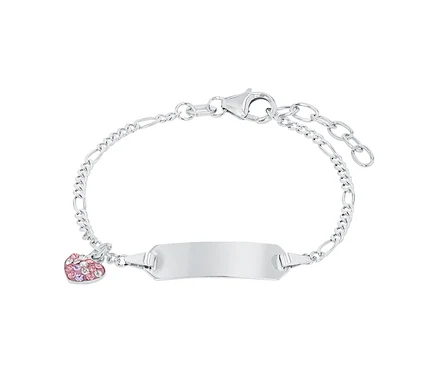 Silbernes Armband mit herzförmigem Anhänger mit rosa Akzenten und einer rechteckigen Platte.