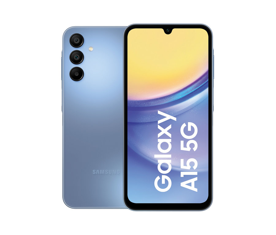Blaues Samsung Galaxy A15 5G 128GB Smartphone, von vorne und von hinten gezeigt.
