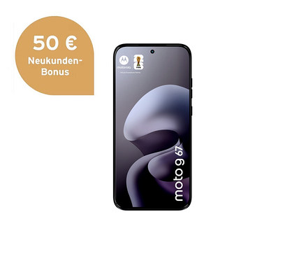 Schwarzes Motorola moto g67 5G 128 GB Arctic Seal Smartphone mit dynamischem Wallpaper. Links daneben eine orange-braune Sprechblase mit „50 € Neukunden-Bonus“.