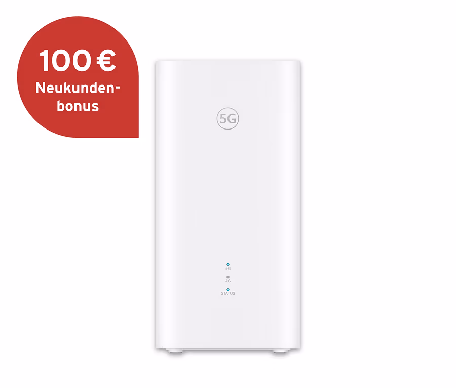 Weißer Homespot-Router 5G ZOWEE mit 5G-Logo und Statusanzeigen. Roter Kreis mit „100 € Neukundenbonus“.