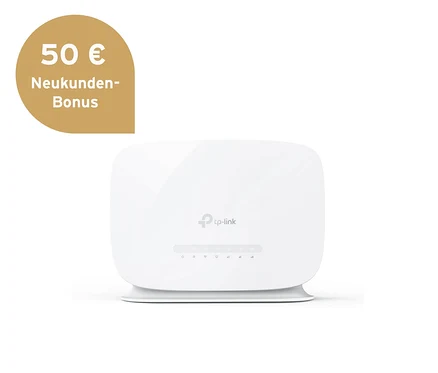 Ein weißer TP-Link Homespot-Router LTE mit Kontrollleuchten auf der Vorderseite und einer goldenen Sprechblase mit '50 € Neukunden-Bonus'.