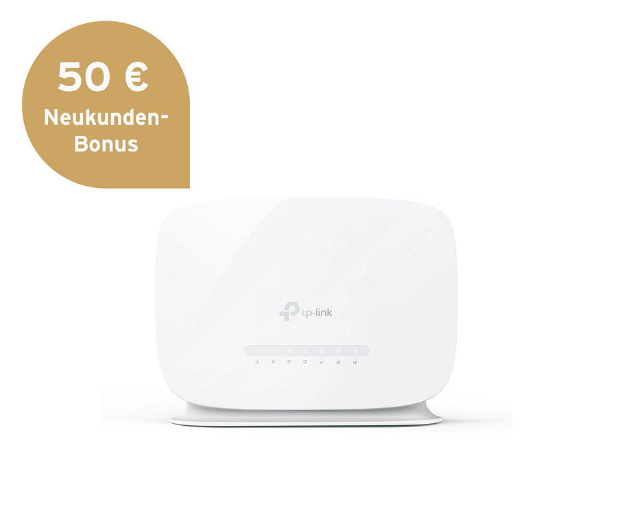 Ein weißer TP-Link Homespot-Router LTE mit Kontrollleuchten auf der Vorderseite und einer goldenen Sprechblase mit '50 € Neukunden-Bonus'.