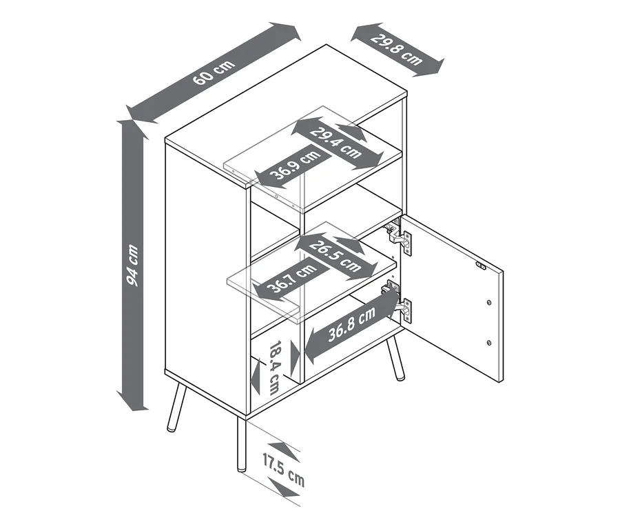 Strichzeichnung einer Kommode in Holzoptik mit einer geöffneten Tür, die Innenfächer zeigt. Die Kommode ist 94 cm hoch, 60 cm breit und 29,8 cm tief.