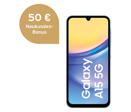 Blaues Samsung Galaxy A15 5G Smartphone mit 128GB.