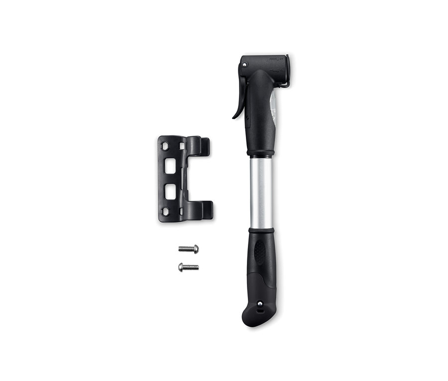 Eine schwarz-silberne 2-Wege-Minipumpe mit Montagehalterung und zwei Schrauben.