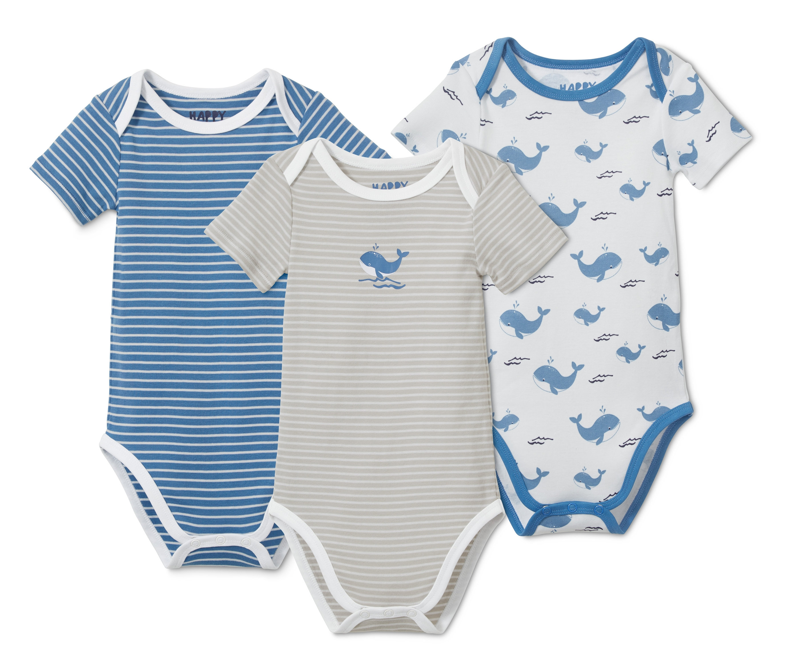 Drei Kurzarmbodys: blau-weiß gestreift, grau gestreift und mit Wal-Print.