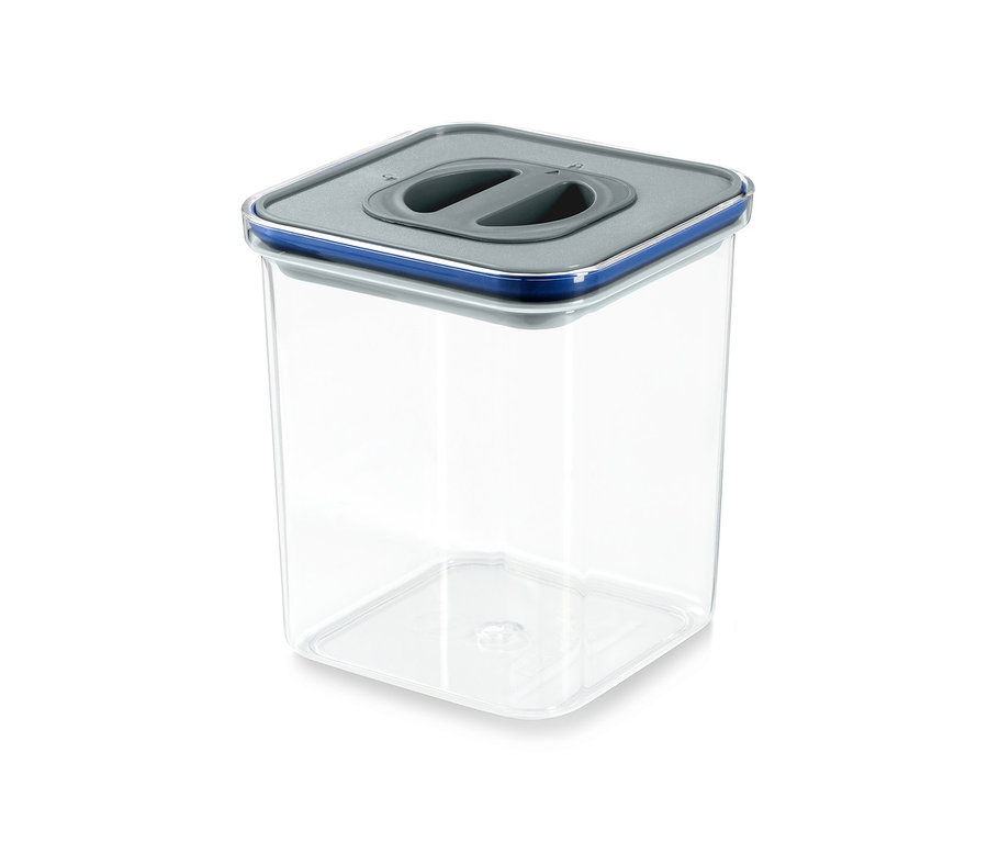 Eine quadratische, durchsichtige Dose mit grauem Deckel der 2 Vakuum-Frischhaltedosen.