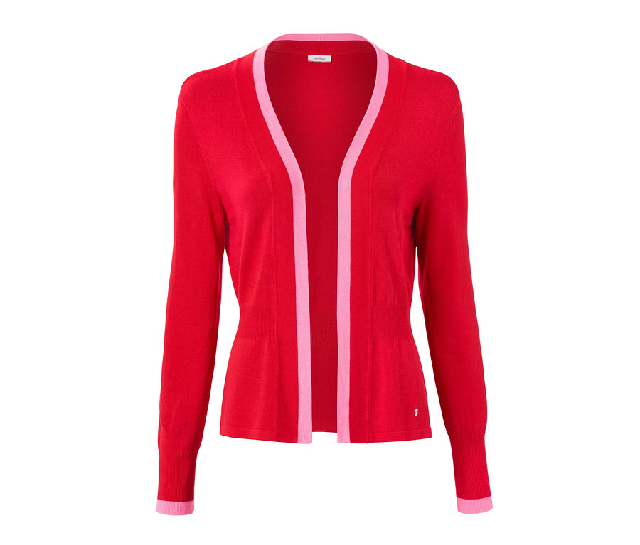 Rote offene Feinstrickjacke mit rosa Saum.