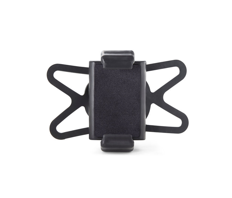 Eine schwarze Fahrrad-Smartphone-Halterung auf einem weißen Hintergrund.