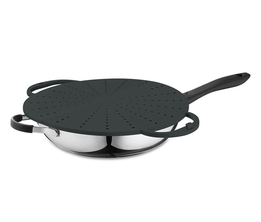 Edelstahlpfanne mit Küchen-Allrounder und 3-in-1-Pfannenspritzschutz.
