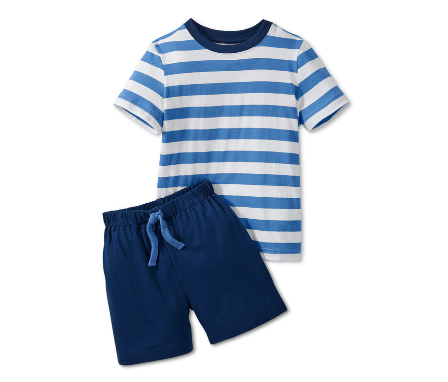 Blaues Shorty-Pyjama mit einem gestreiften Oberteil.