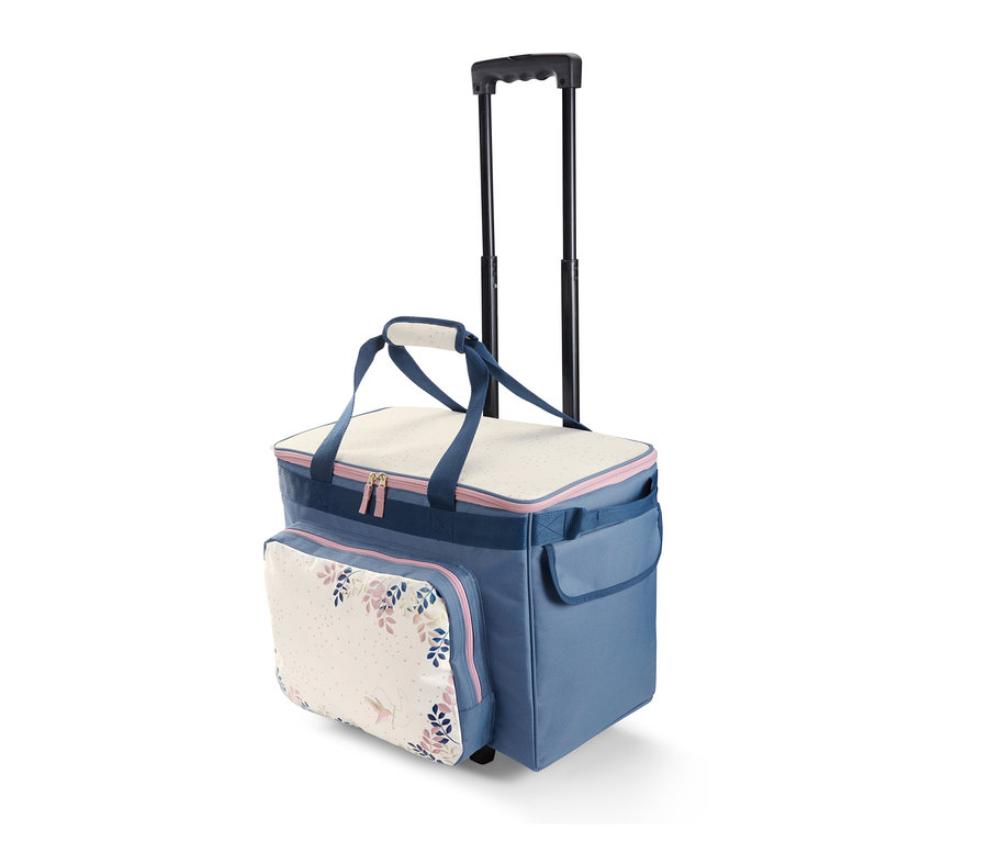 Blauer Nähmaschinen-Trolley mit Blumenmuster.