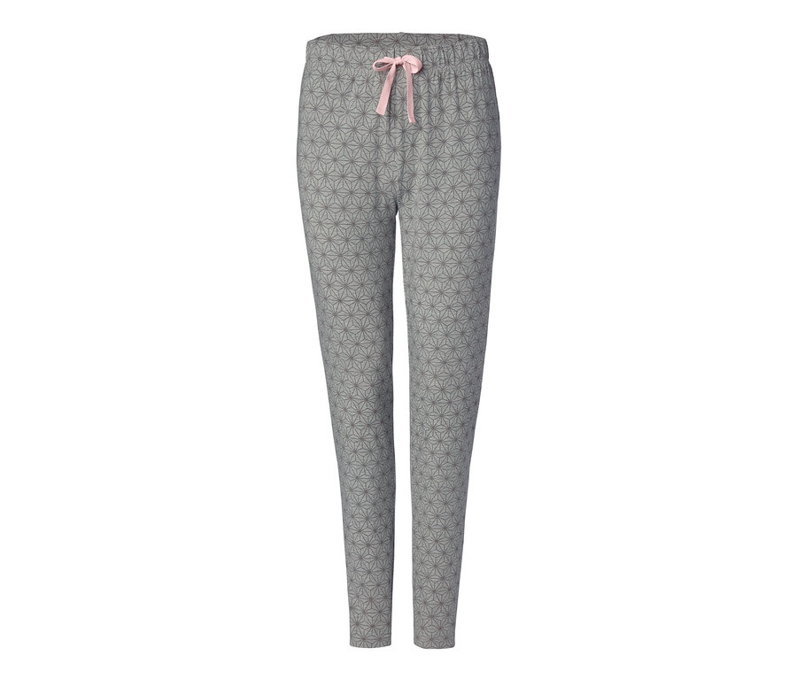 Graue Pyjamahose mit Muster und rosa Schleife.