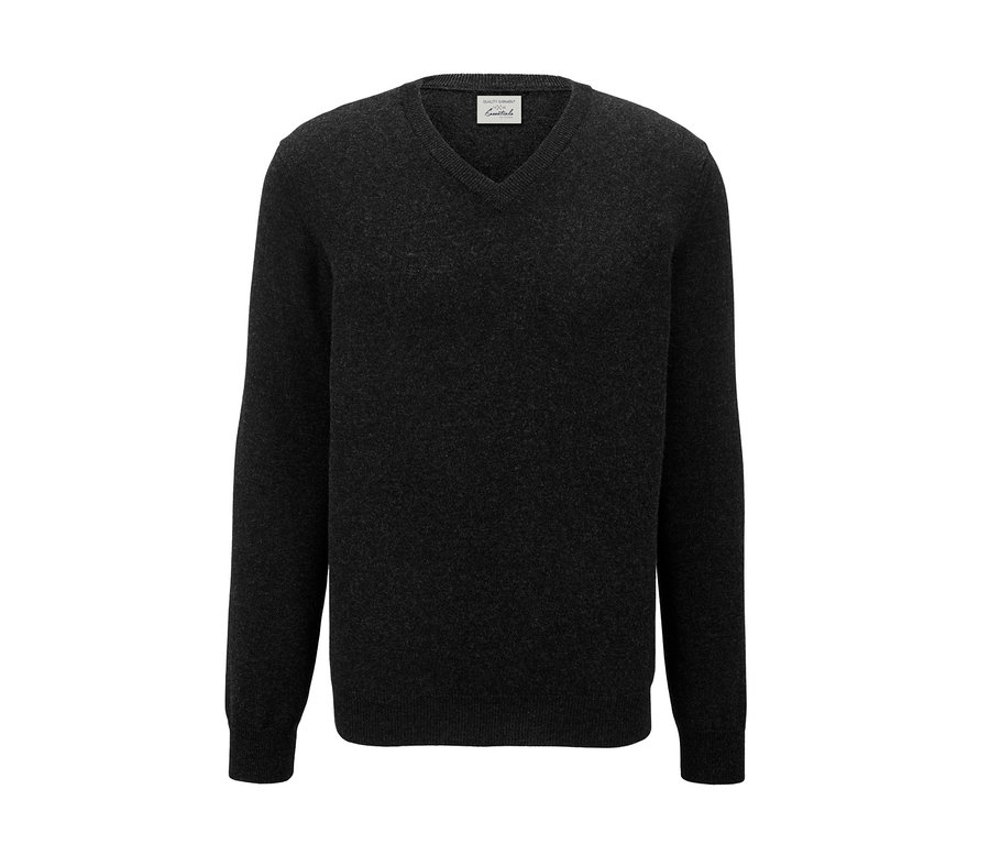 Dunkelgrauer Cashmere-Pullover mit V-Ausschnitt.