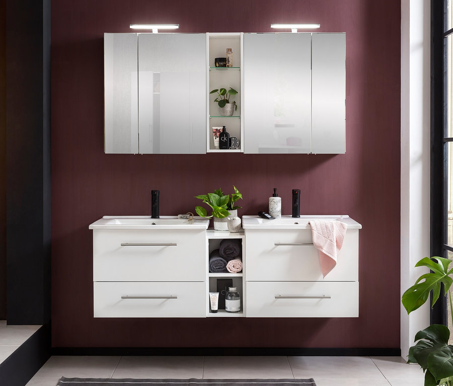 Badezimmer mit Doppelwaschtisch und Doppelspiegelschrank »Runa SET Spiegelschrank Irene«, weißglänzend.