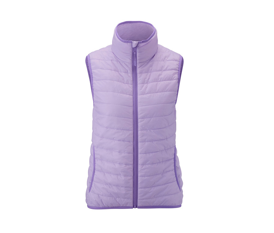 Lila gesteppte 3-in-1-Softshelljacke Weste mit Reißverschluss vorne.