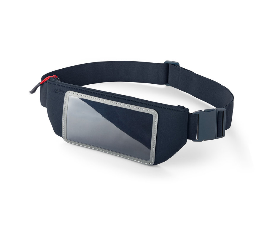 Ein schwarzer Sportgürtel »Smartphone« mit einer transparenten Handytasche.