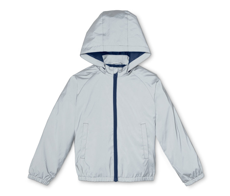 Reflektierende Übergangsjacke mit Reißverschluss und Kapuze.