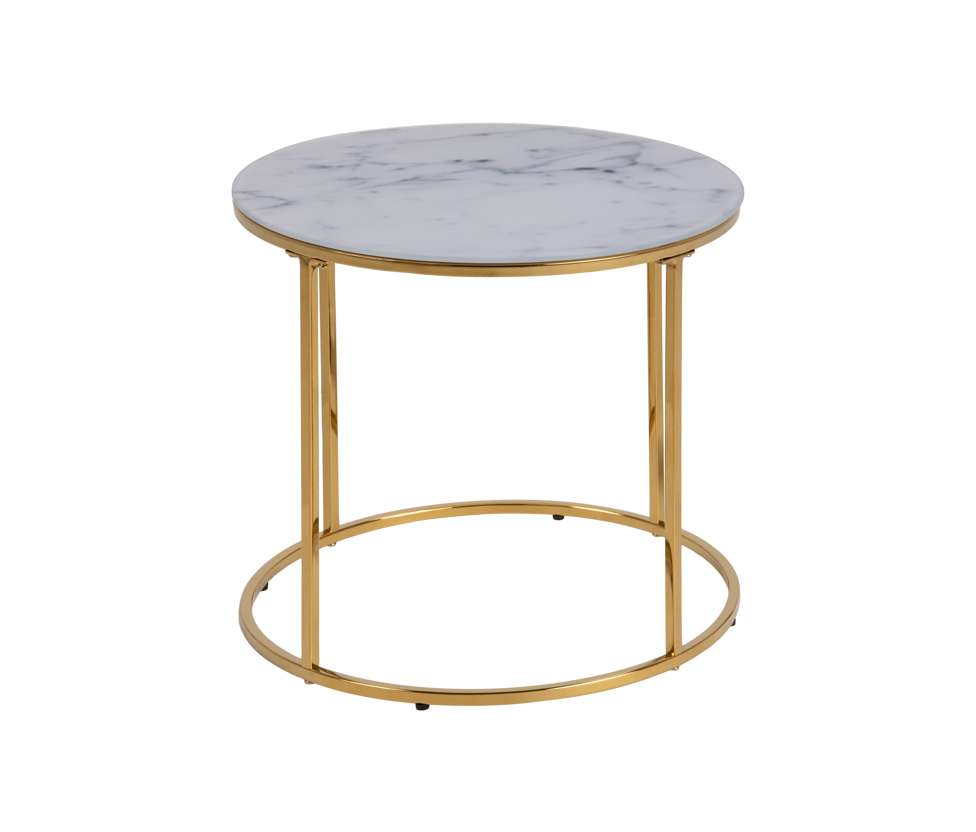 Runder Tisch mit Marmorplatte und goldenem Rahmen. Zu sehen ist der Ecktisch »Bolton«.