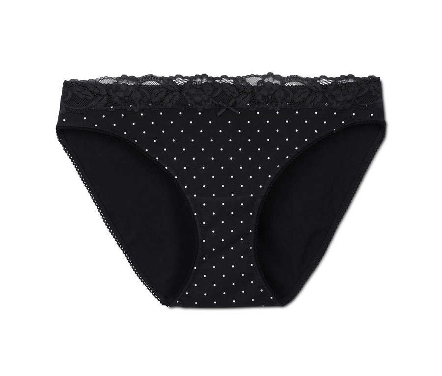Schwarzer Slip mit weißen Punkten und Spitze am Bund.
