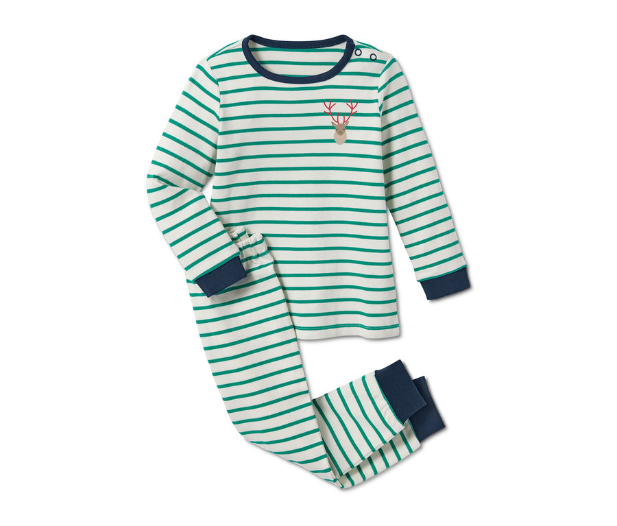 Gestreifter Interlock-Pyjama aus Bio-Baumwolle mit Rentier-Applikation.