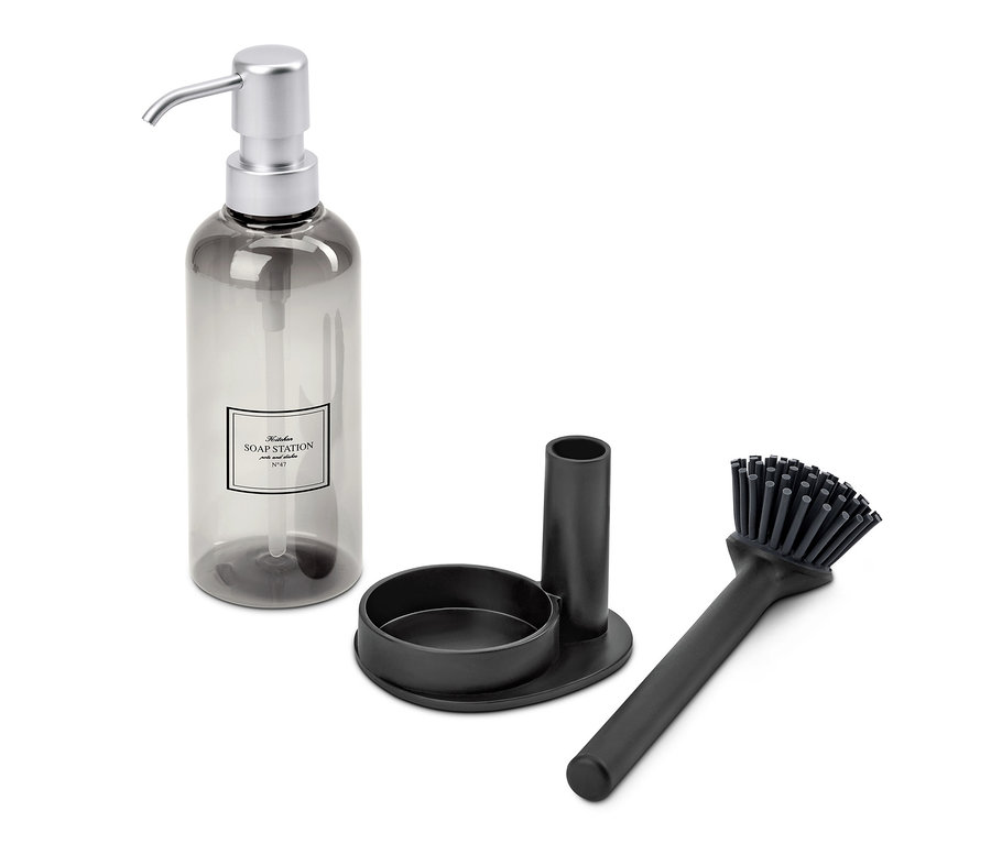 Ein grauer Behälter mit Pumpe und ein schwarzes Geschirrspül-Set.