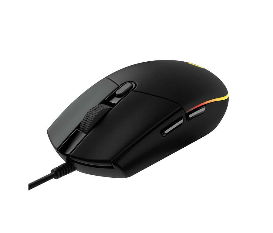 Eine schwarze Logitech »G203« Gaming-Maus auf einem weißen Hintergrund.