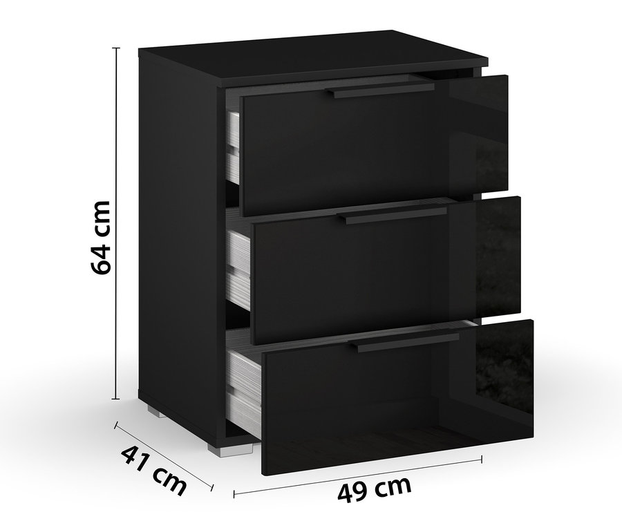 Schwarzer Rauch BLACK 20UP Nachttisch mit drei Schubladen, einige Schubladen sind geöffnet.