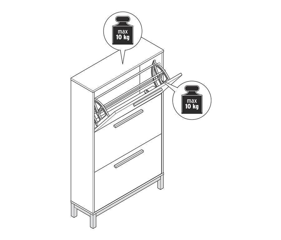 Geöffneter Schuhschrank-Kipper »Eklund« mit 3 Fächern.