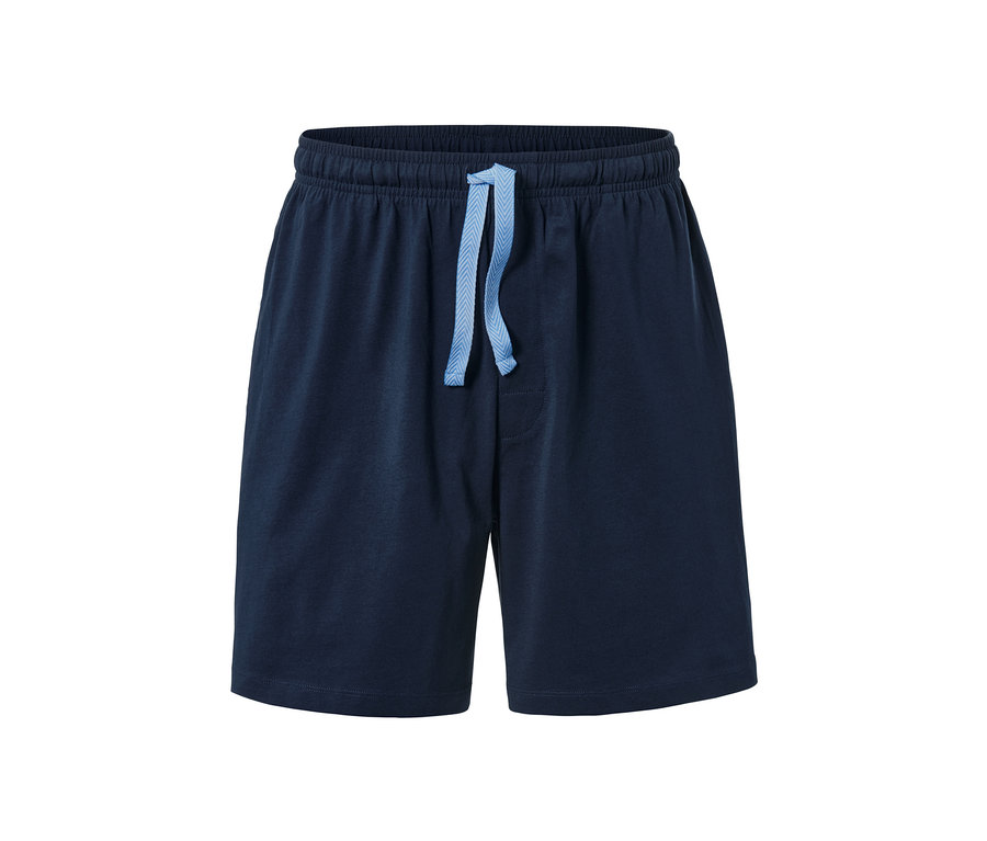 Eine dunkelblaue Shorty-Pyjama mit hellblauem Kordelzug.