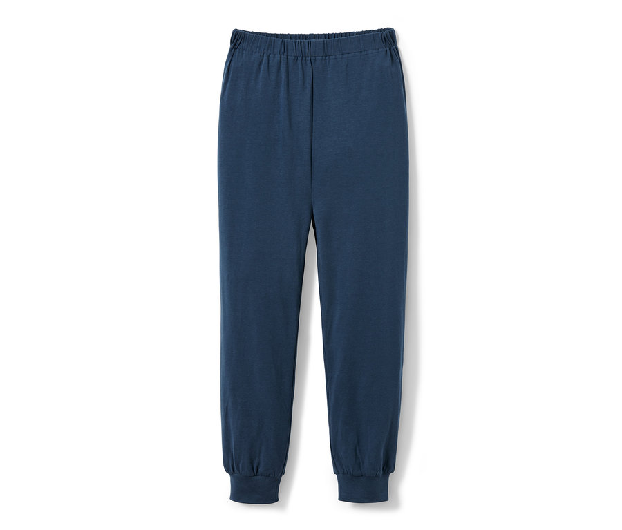 Eine blaue Kinder-Pyjamahose mit elastischem Bund und gerippten Bündchen.