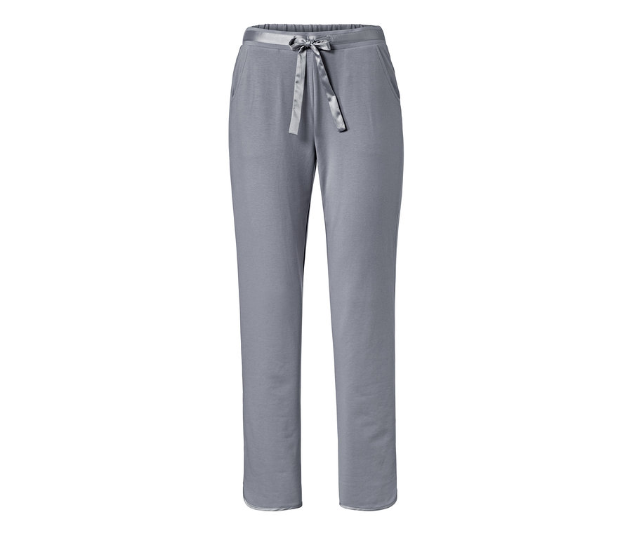 Graue Loungewear-Anzug Hose mit glänzendem Band in der Taille.