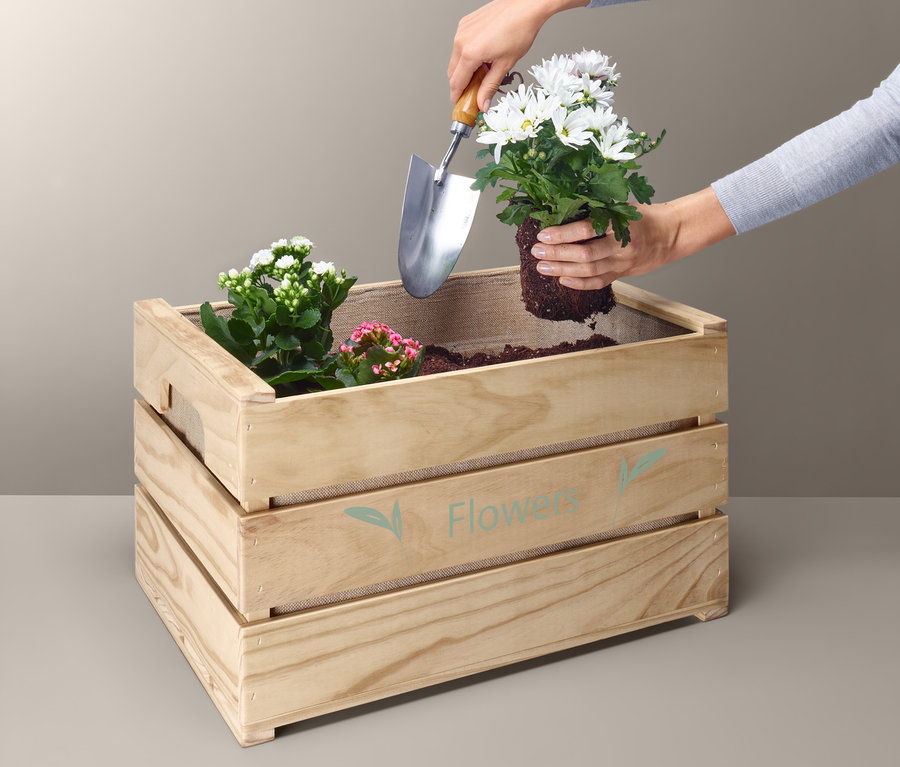 Frau setzt mit einer kleinen Schaufel weiße Blumen in eine Pflanzkiste.