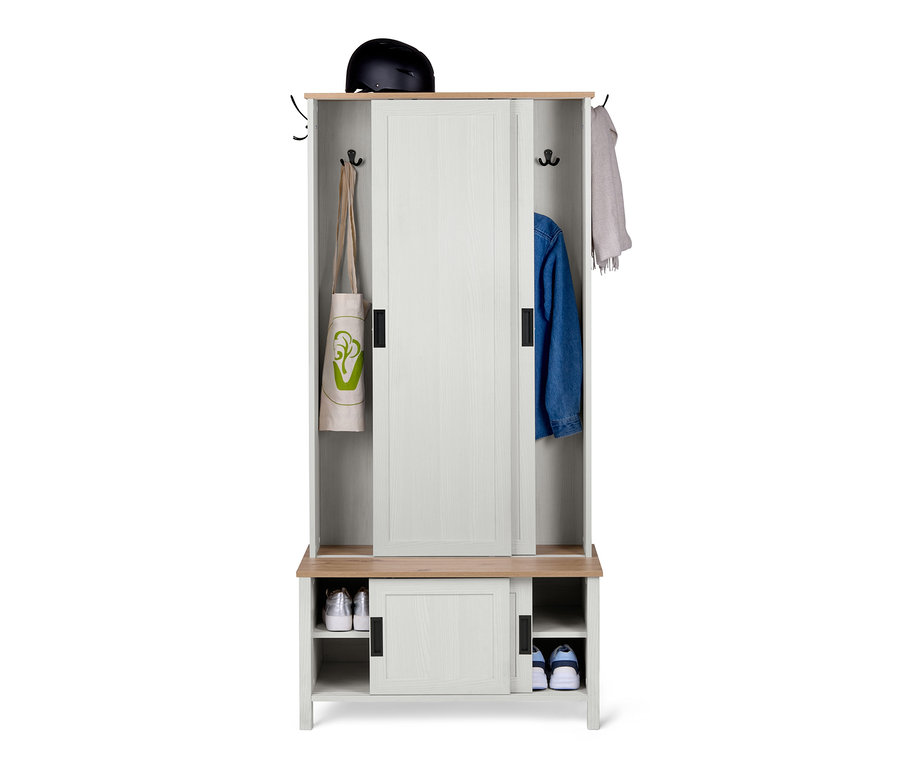 Multifunktionale Garderobe mit Schiebetüren, Helm obenauf, Tasche und Jacke innen.