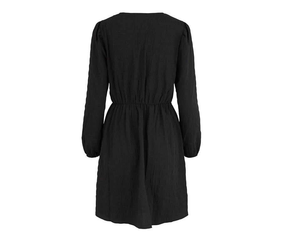 Schwarzes Kleid in Wickeloptik mit langen Ärmeln.