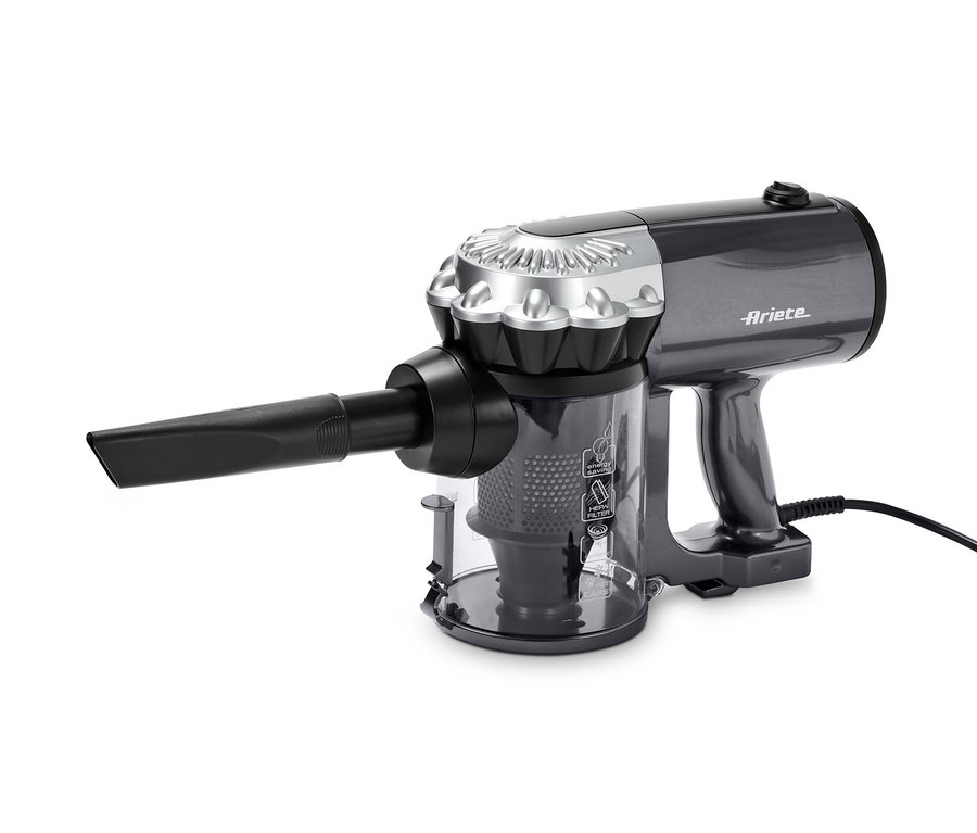 Ein grauer Stielstaubsauger mit schwarzem Rohr und transparentem Staubbehälter.