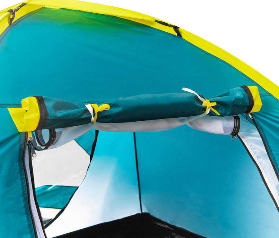 Nahaufnahme vom Inneren eines Bestway® Pavillo-Zelt »Activemount 3« mit gelb-türkisem Äußeren.