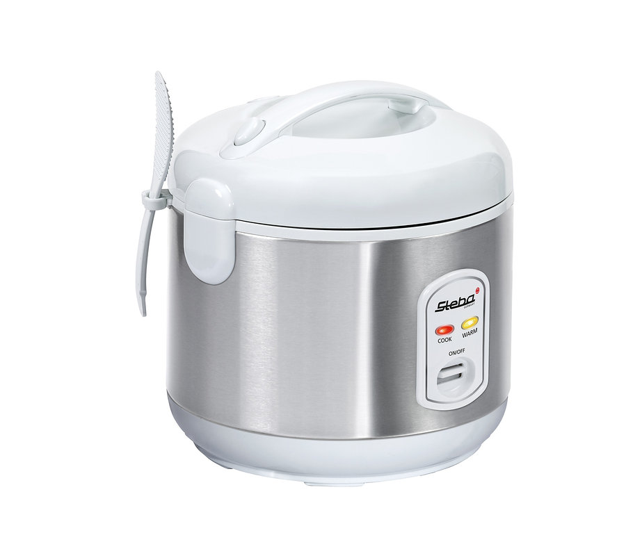 Silberner Steba Reiskocher RK 2 mit weißem Deckel und Löffel.