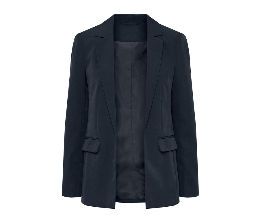 Marineblauer Blazer mit Reverskragen und Taschen.