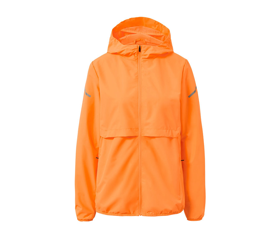 Neonorange Windprotection-Laufjacke mit Kapuze.
