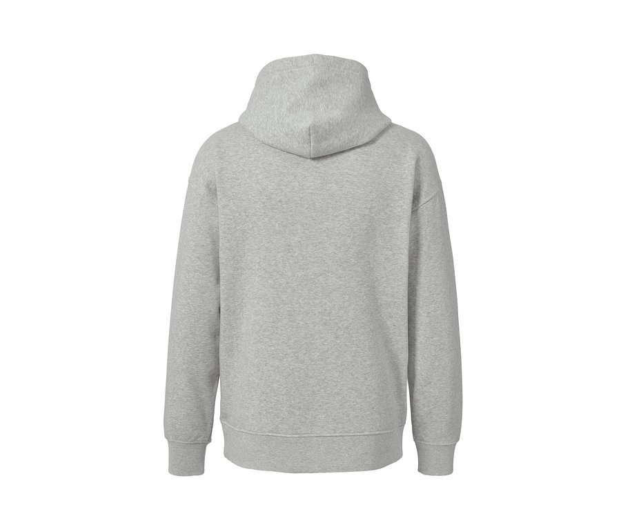 Rückansicht eines grau melierten Hoodies.