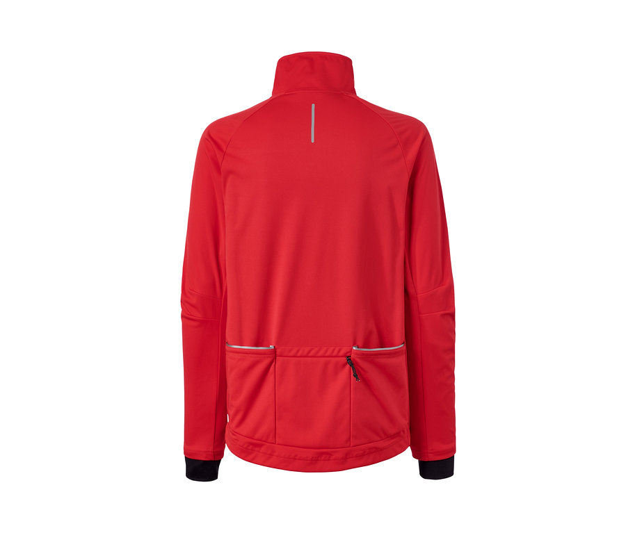 Rückansicht einer roten Rad-Softshelljacke.