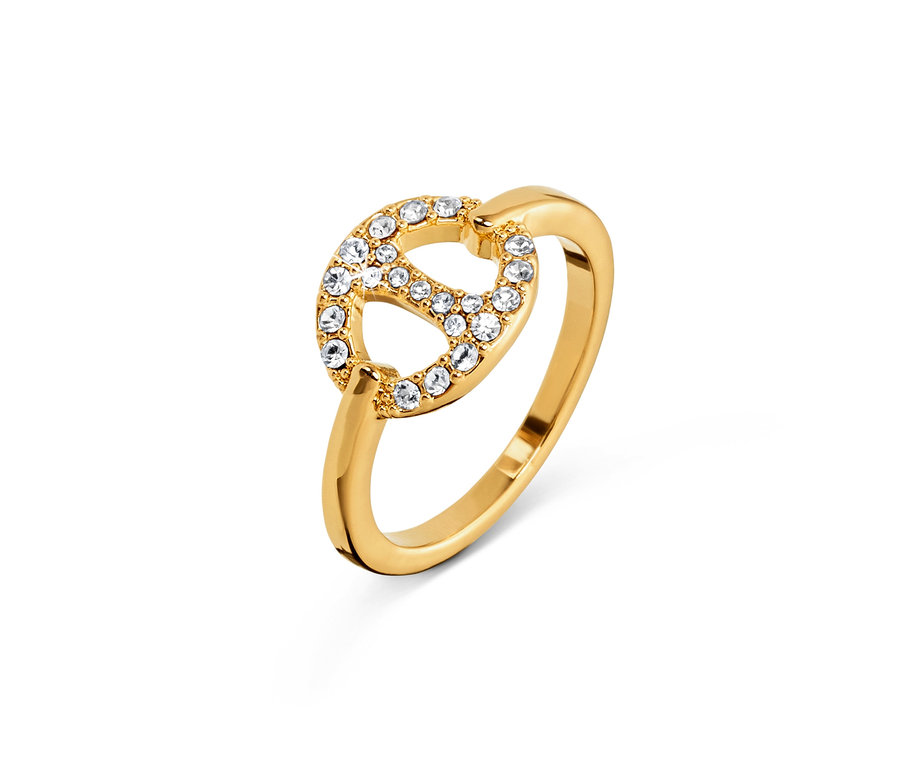 Goldener Ring Schiffsanker mit Glaskristallen auf weißem Hintergrund.