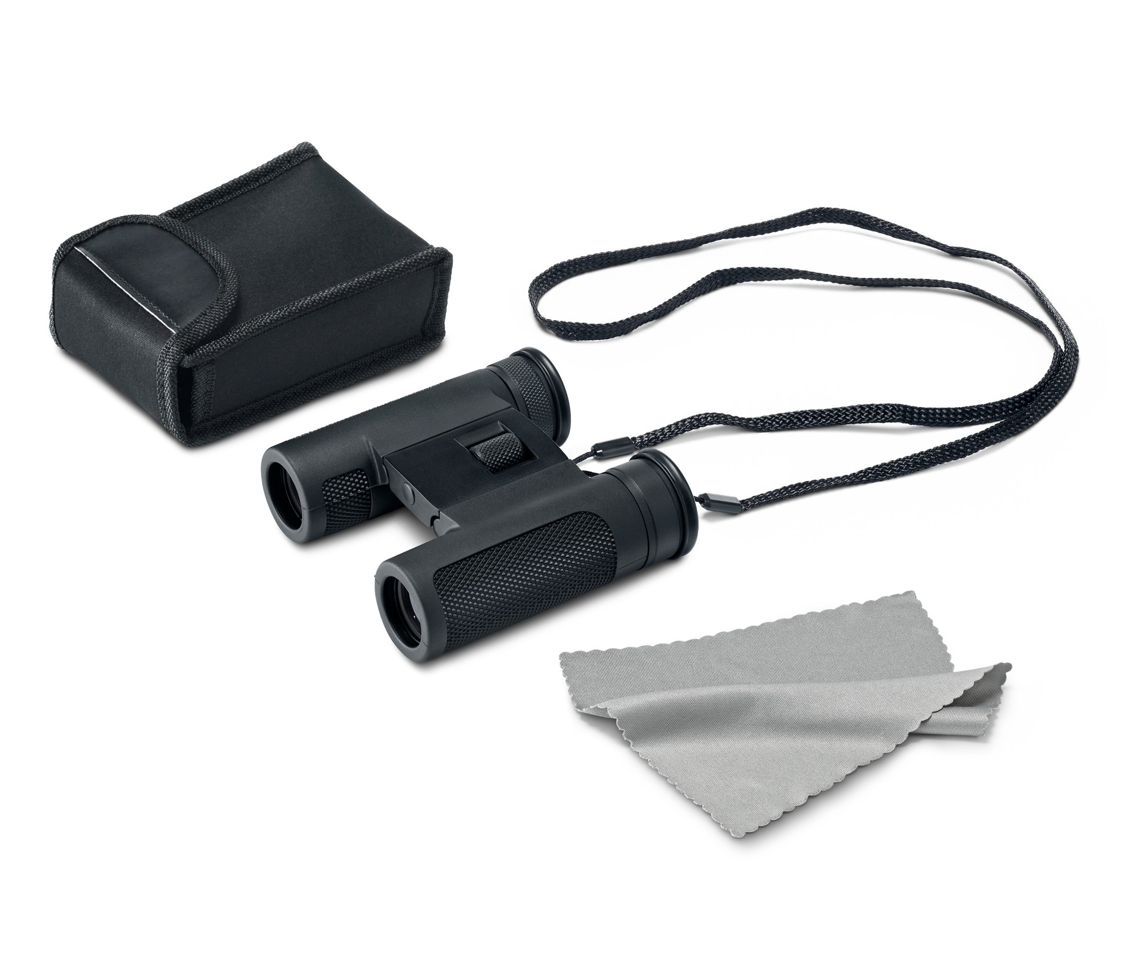 Schwarzes Taschenfernglas 10x25D mit Tasche und Objektivtuch auf weißem Hintergrund.