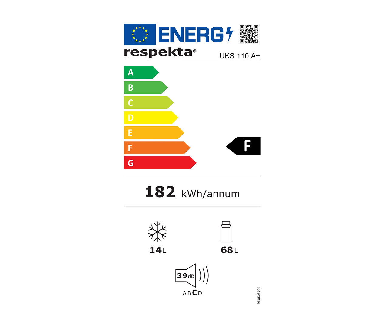 Energielabel für den Respekta UKS 110 A+ Kühlschrank mit der Energieeffizienzklasse F und einem jährlichen Verbrauch von 182 kWh.