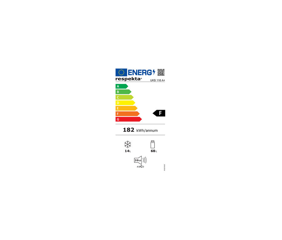 Energielabel für den Respekta UKS 110 A+ Kühlschrank mit der Energieeffizienzklasse F und einem jährlichen Verbrauch von 182 kWh.